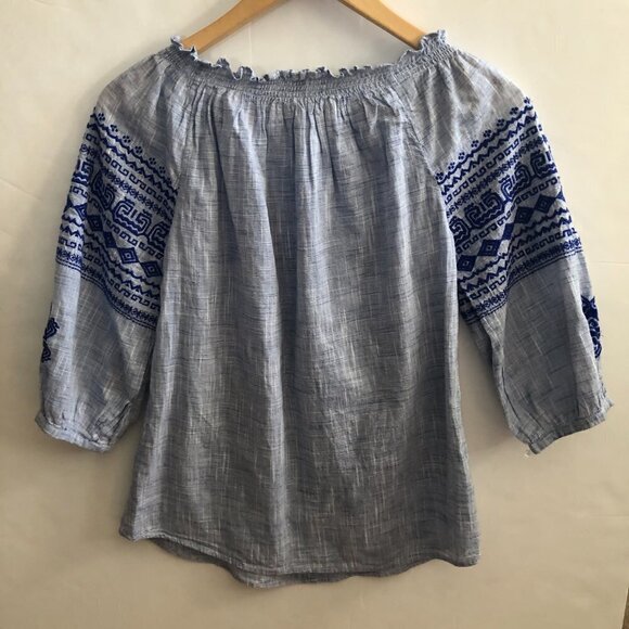 Christophe Sauvat Bolshoi Top Sz S Blue Chambray Embroidered Off Shoulder - Picture 4 of 7
